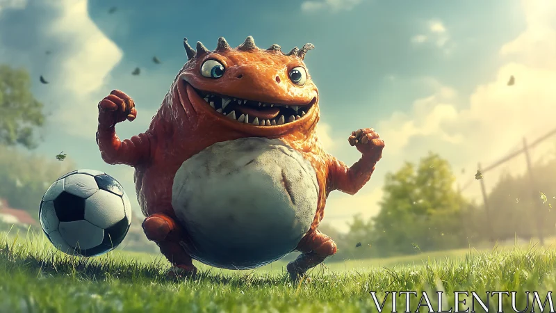 Cartoon reptilian striker celebrates on vivid soccer field.