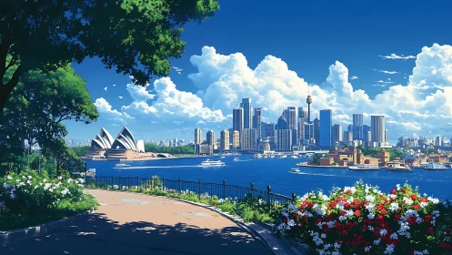 Sydney harbor skyline under luminous summer blue skies.
