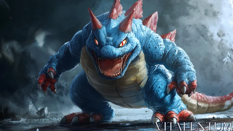 Ferocious blue dragon beast roaring amid storm chaos.