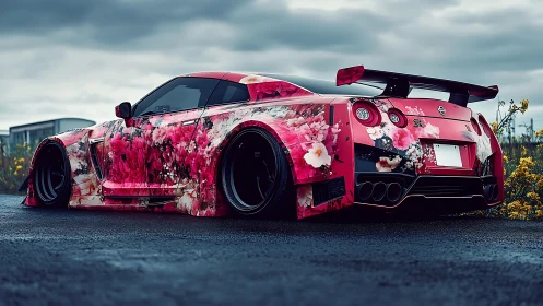 Modified sports coupe displays floral wrap on wet asphalt