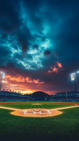 Baseball diamond under illuminated stadium lights at dusk.