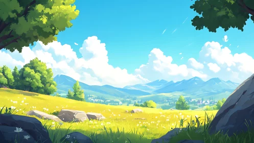 Sunny mountain meadow landscape in bright digital art.