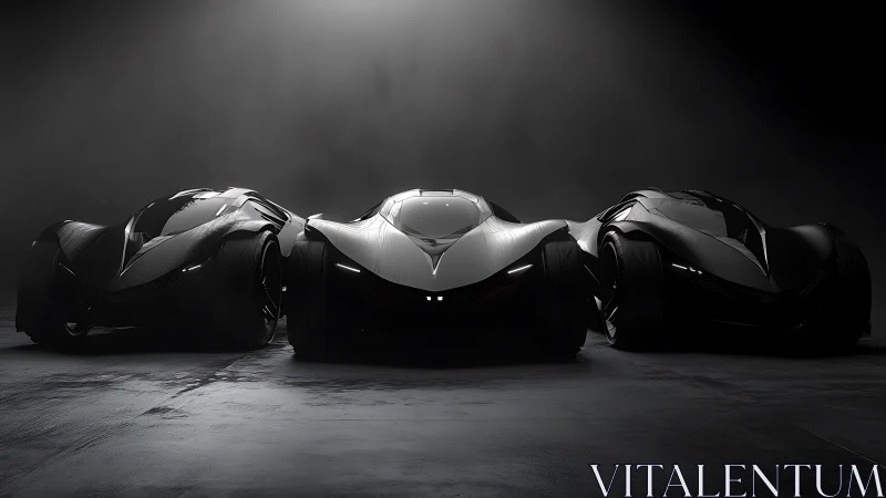 Triple black hypercars under dramatic studio spotlight.