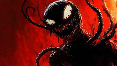 Digital painting of monstrous symbiote against red void field.