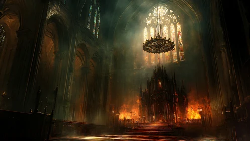 Gothic cathedral nave with burning apse and stained glass illumination