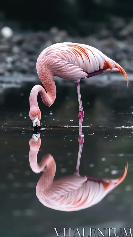 Pink flamingo drinking with clear mirrored reflection.