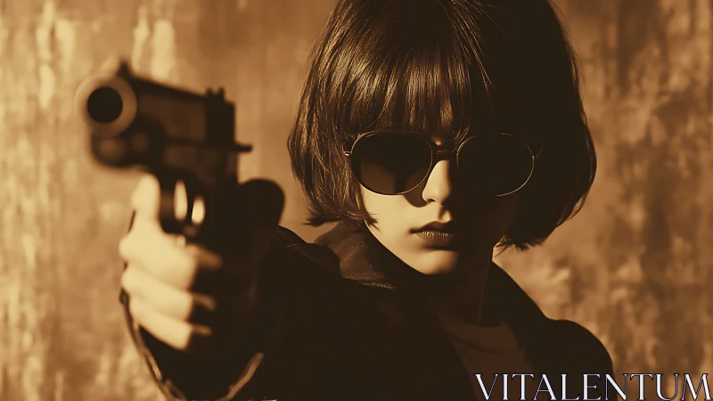 Mysterious woman in sunglasses pointing gun, cinematic noir style.