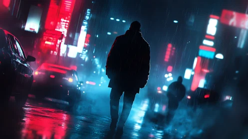 Backlit silhouette crosses neon rain street with cinematic depth