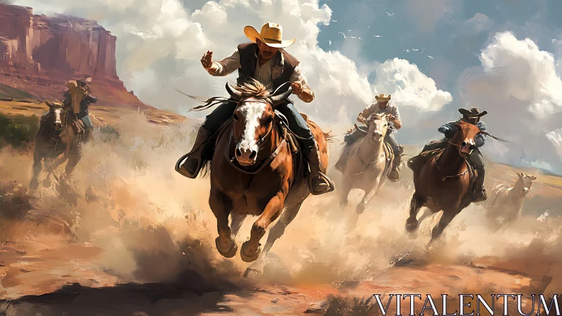 Dynamic cowboy charge across dusty plateau terrain rendered.