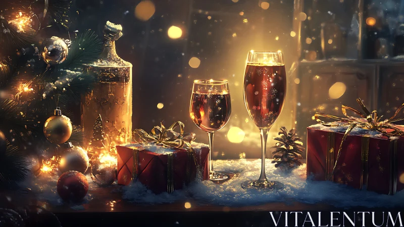 Photorealistic Christmas still life with gifts and glasses.