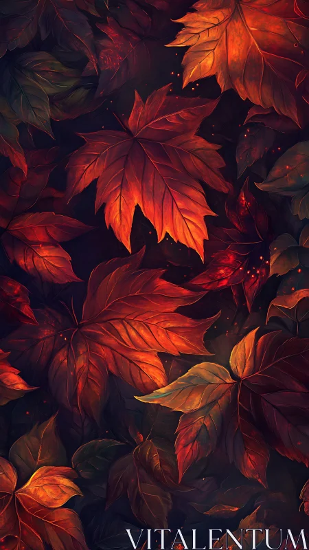 Glowing autumn maple leaves drift in deep twilight.