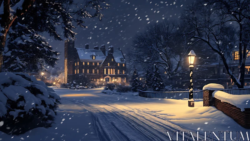 Nocturnal snowfield enclosing brick manor under lamplight glow.