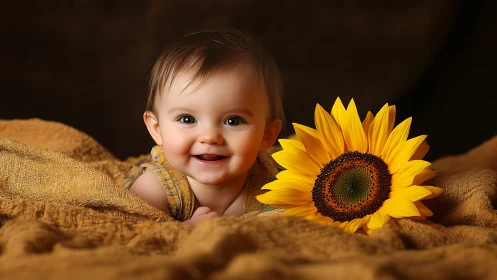 Joyful Toddler with Golden Sunflower Studio Portrait.