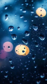 Photorealistic raindrops on glass with defocused urban bokeh.