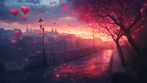 Romantic Twilight Bridge. Glowing Hearts Over European City.