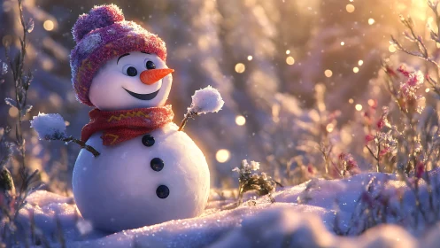 Cheerful snowman glowing in gentle golden winter light.
