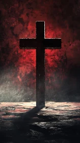 Weathered cross rises against fiery red textured backdrop