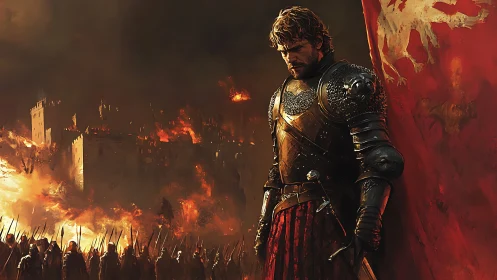 Battle-weary knight broods beside burning fortress walls.