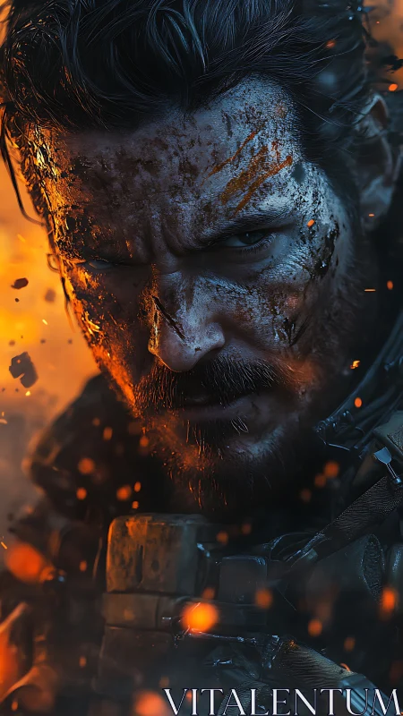 Battle-hardened soldier rendered with high-detail particle effects