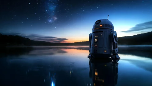 Friendly little droid watching stars over a quiet lakeshore.