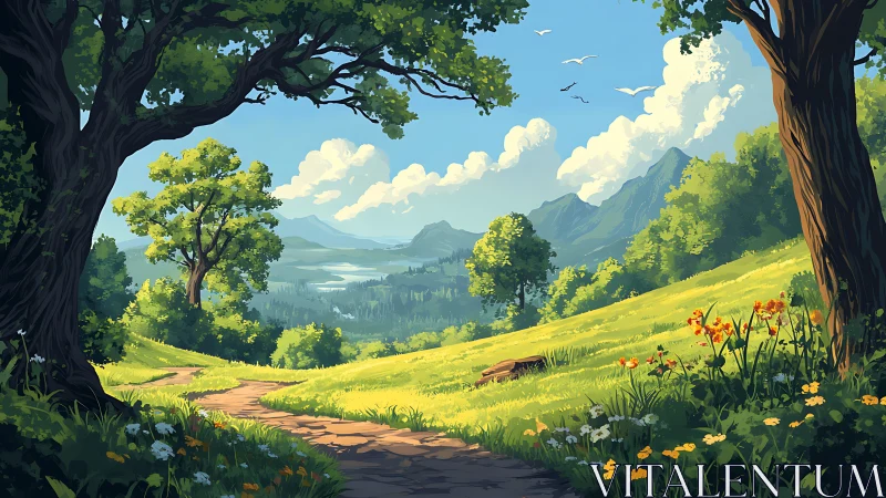 Sunlit meadow path whispering toward dreamy blue mountains.