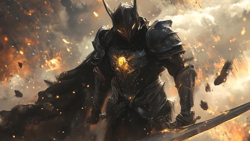 Armored dark knight advances through incendiary debris field decisively