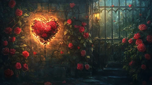 Luminescent Rose Heart Installation Within Overgrown Greenhouse Structure