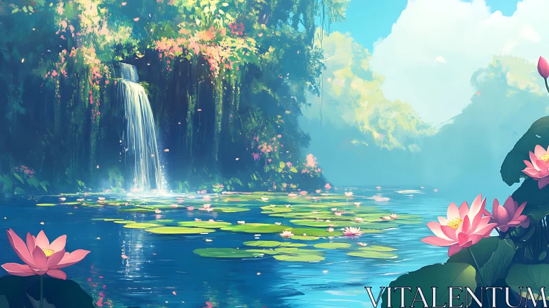 Lotus lagoon daydream with whispering waterfall hush.