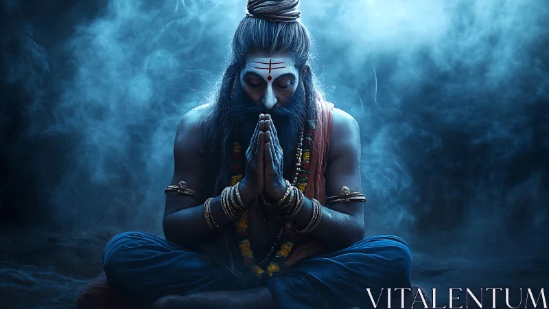 Sacred yogi bows in quiet blue mist, radiating deep peace