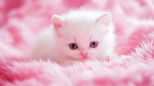 Ethereal White Feline with Lavender Eyes in Pink Volumetric Atmosphere.