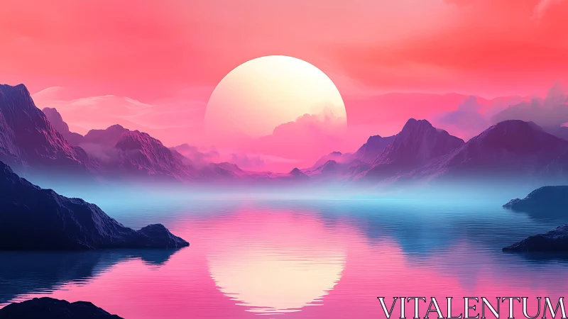 Neon twilight sun melts over misty mountains and mirror sea.