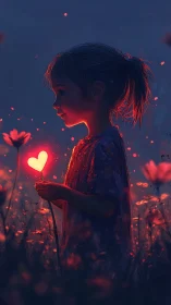 Neon Heart Portrait in Digital Fantasy Landscape.