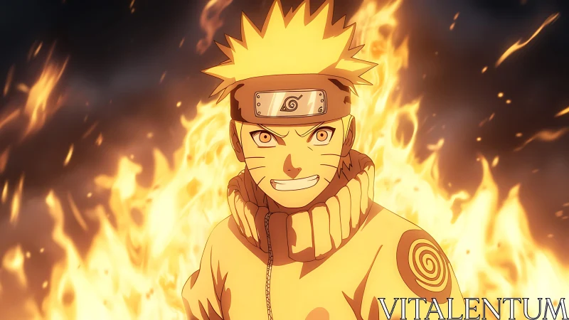 Anime character stands before stylized flames with determined gaze