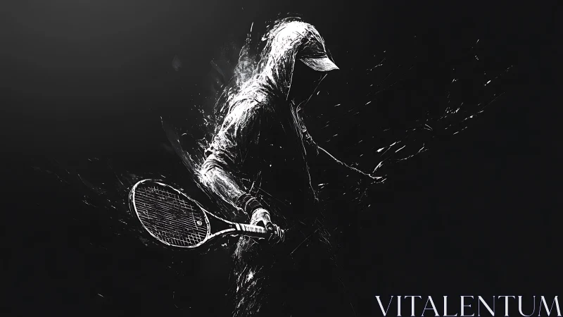 Hooded tennis player swings racket in stark monochrome motion