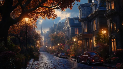Cobblestone autumn street glows under nostalgic twilight lamps