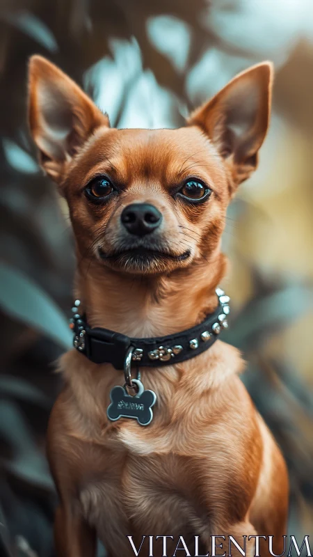 Alert little chihuahua sits proudly with a sparkling collar