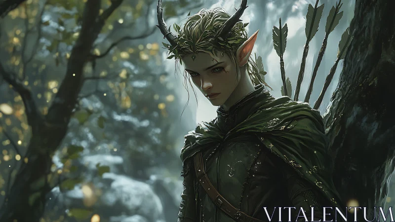 Elven ranger in rain-soaked forest rendered as digital painting