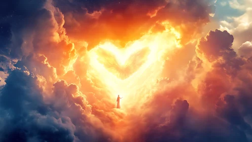 Radiant heart in the clouds guiding a lone dreamer home.