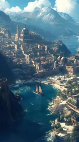 Fantasy coastal kingdom with terraced harbor architecture.