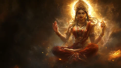 Radiant goddess in serene meditation glows with cosmic light