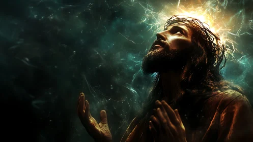Bearded man in crown of thorns under glowing divine light.