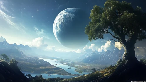 Colossal planet hangs above luminous alien river valley.