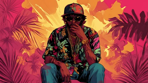 Stylish man sits amid bold tropical neon sunset glow