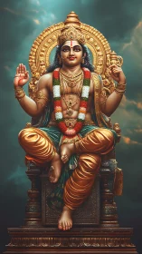 Regal Hindu deity seated on ornate golden throne in clouds.