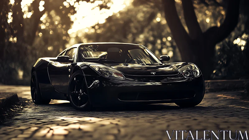 Midnight electric roadster basking in forest amber glow.