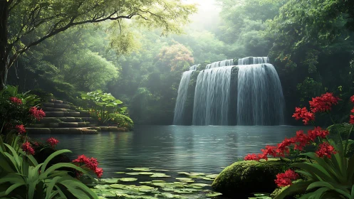 Lush digital waterfall garden with red flowers and lilies.