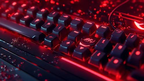 Mechanical gaming keyboard glows under intense red light.