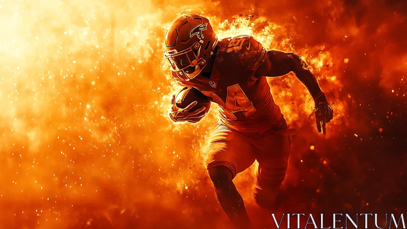 Football player runs forward in fiery orange explosion art
