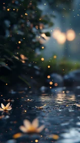 Floating flowers and suspended light points occupy a shallow stream