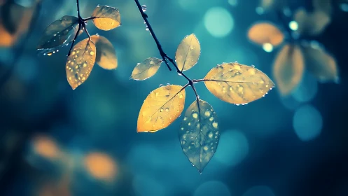 Golden wet leaves glow against teal bokeh forest haze.